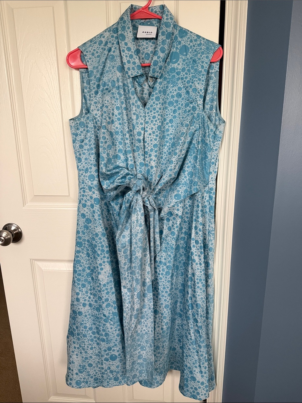 Akris Sleeveless Blue Bubble-Print Tie-Waist Dress Size 16